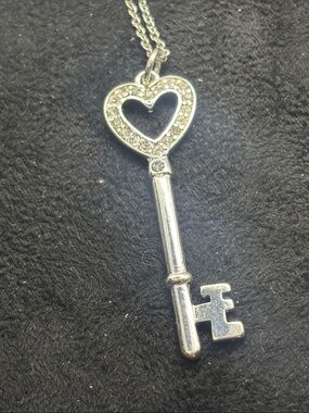 Macy's Silver Heart Key Pendant Necklace with Clear Crystal Accents